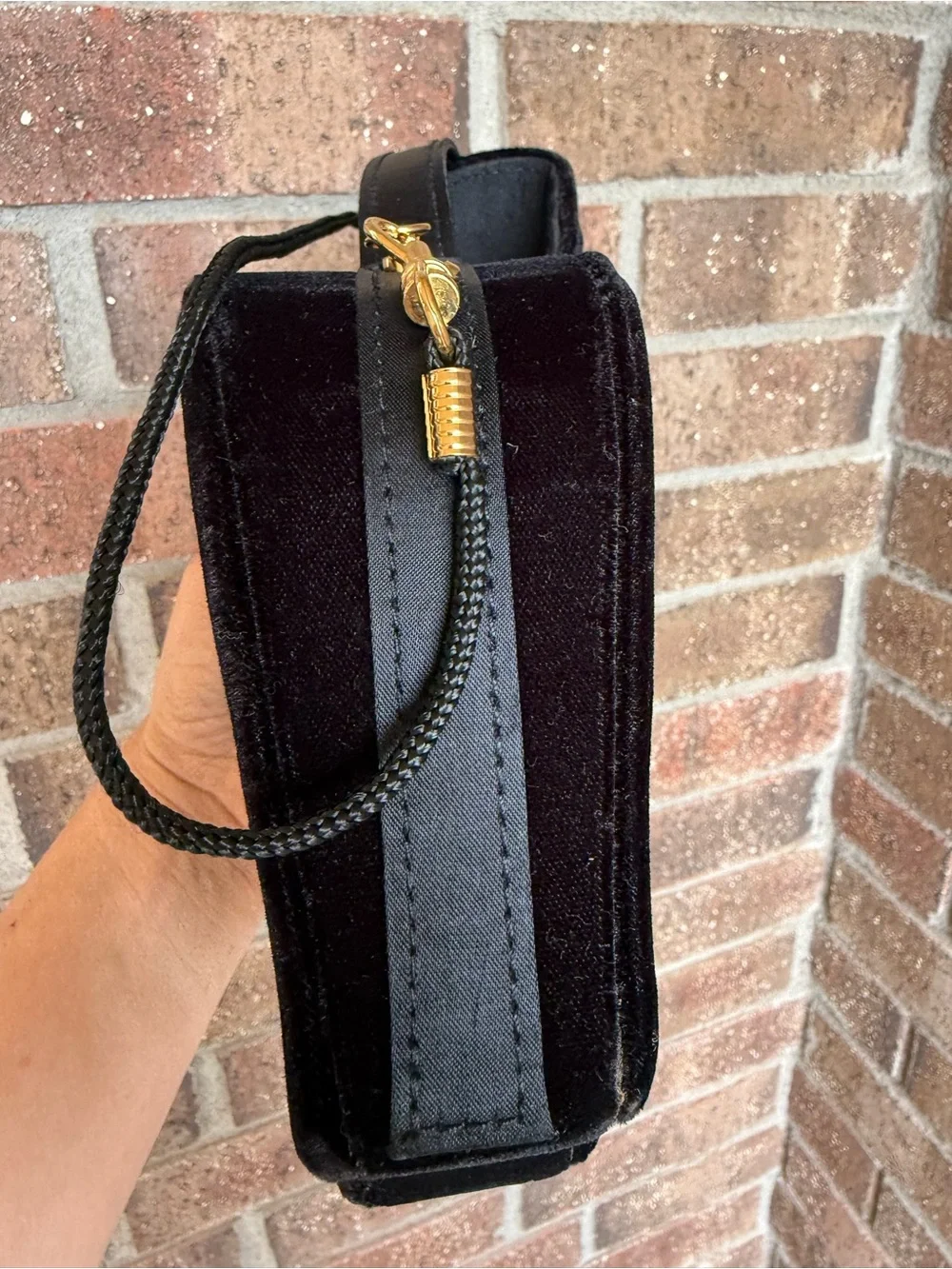 Black Women's Velvet Shoulder Bag with Top Handle - Picture 4 of 6